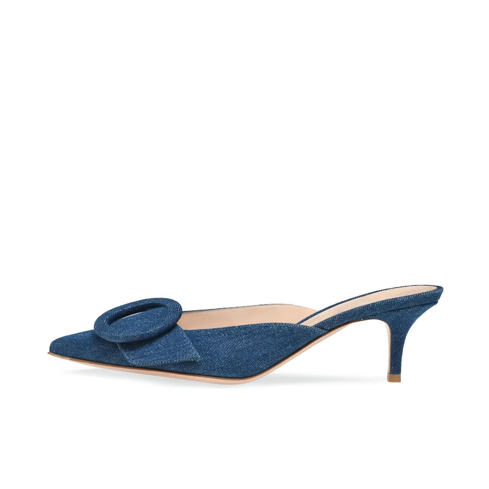 Women's Super Buckle Kitten Heel Mules Sky Blue Suede Closed Pointed Toe Slippers Light Weight Canvas Spring Autumn