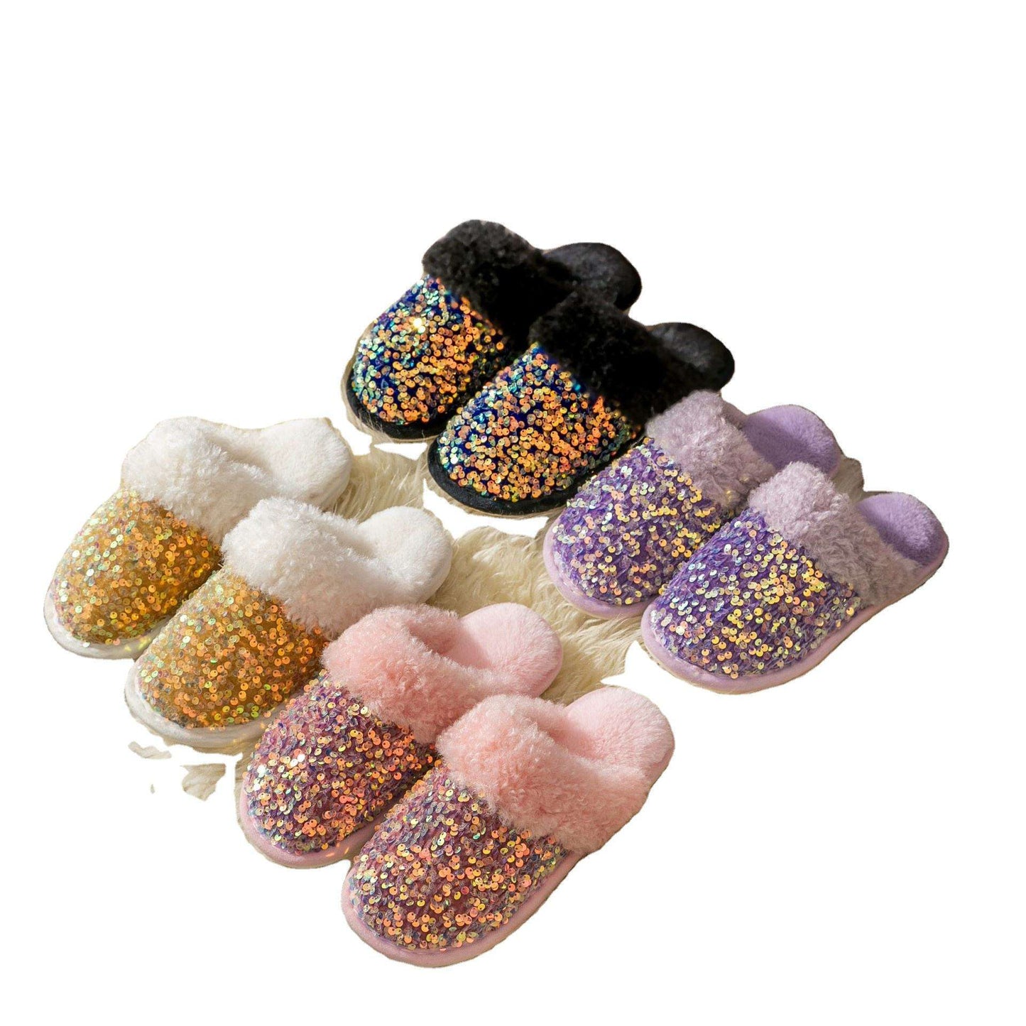 2025 Factory Design Ladies' Sequin Fashion Plush Slippers Winter Warm Indoor Cotton Slippers Women Evergreen Fabric