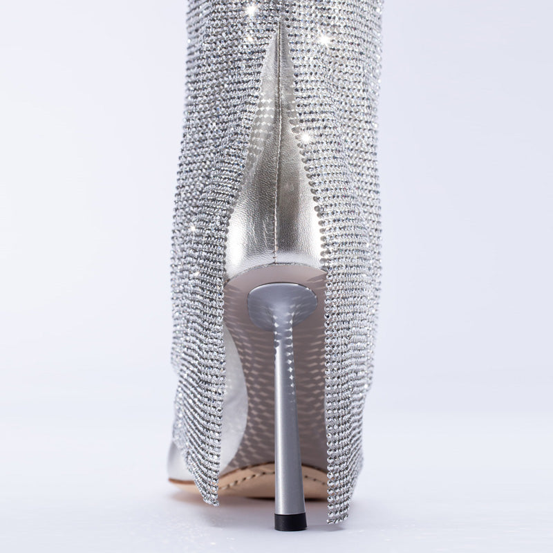 2025 Women's Luxury Silver Bright Rhinestone High-Heeled Long Boots Knee High Catwalk Nightclub Western Printed