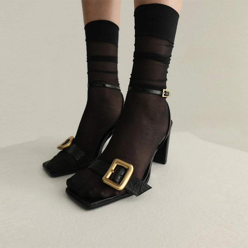 Hardware logo Women Lace Sandals Elegant Open Toe Evergreen Block Chunky Heel-High Heels Party Evening Summer Spring