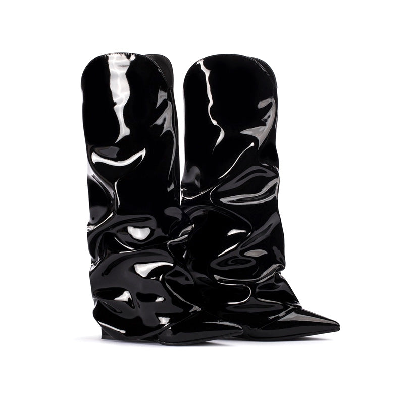 2025 New Brand Ladies Beautiful Gold Metallic Leather Wedge Boots Handmade Genuine Leather Lining for Winter Autumn Spring