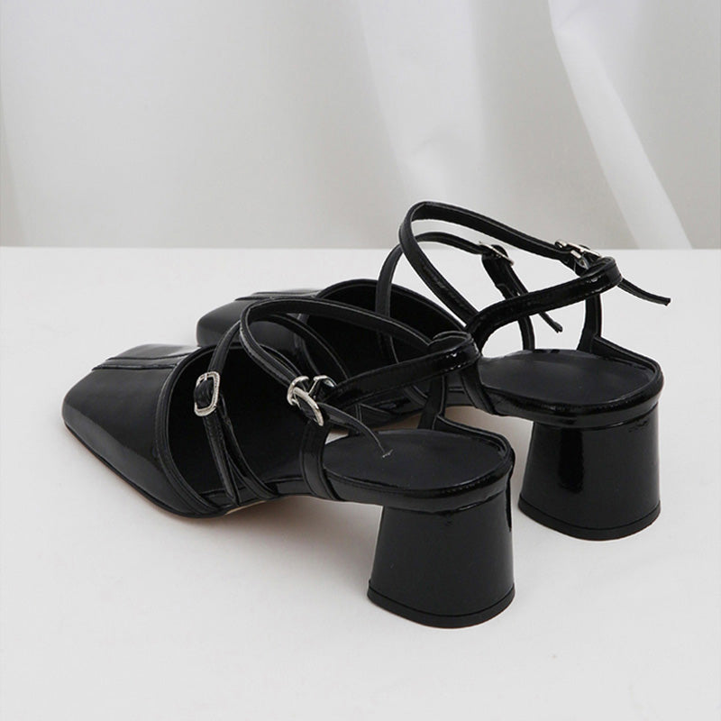 Women's Genuine Leather Pumps Square Toe Block Heel Buckle Strap Mary Jane Ankle Shoes Office Lace High Fashionable
