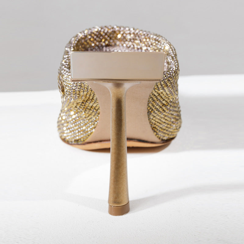2025 Bling Bling Gold Rhinestone Upper Heels Lady's Evening Party Luxury Stiletto Heel Slippers Sandals Pumps