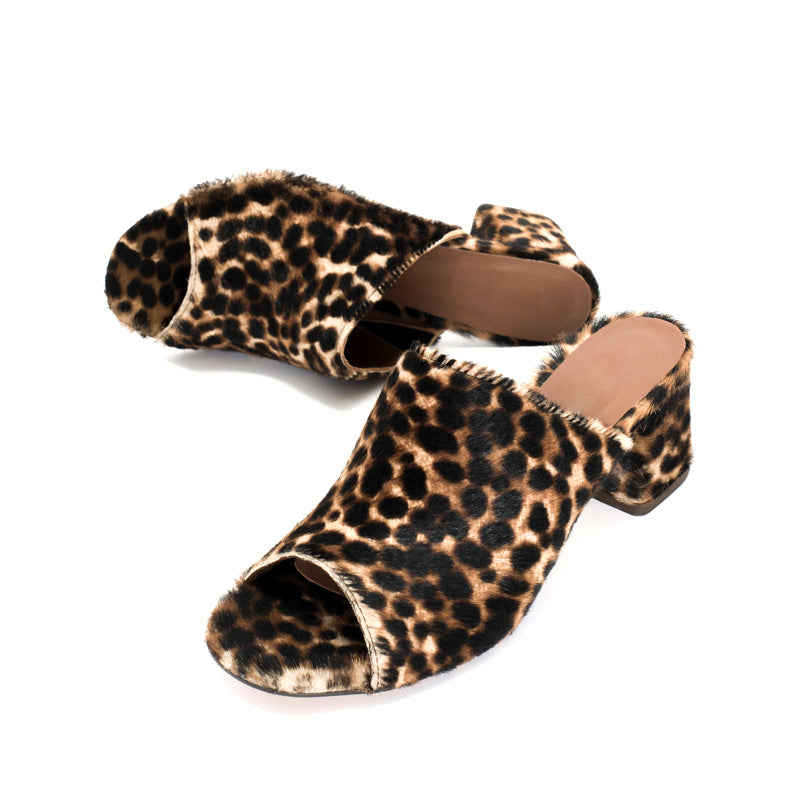 Fur Mules Manufacturer Fashion Lamb Hair Leopard Block Heel Sandals Custom Open Toe Leopard Fur High Heel Mule Sandals